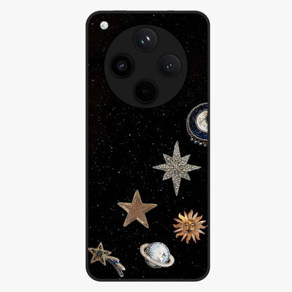 Galactic Charm Glow Glass Case showing flat back view with glowing celestial charm artwork and glossy glass finish.