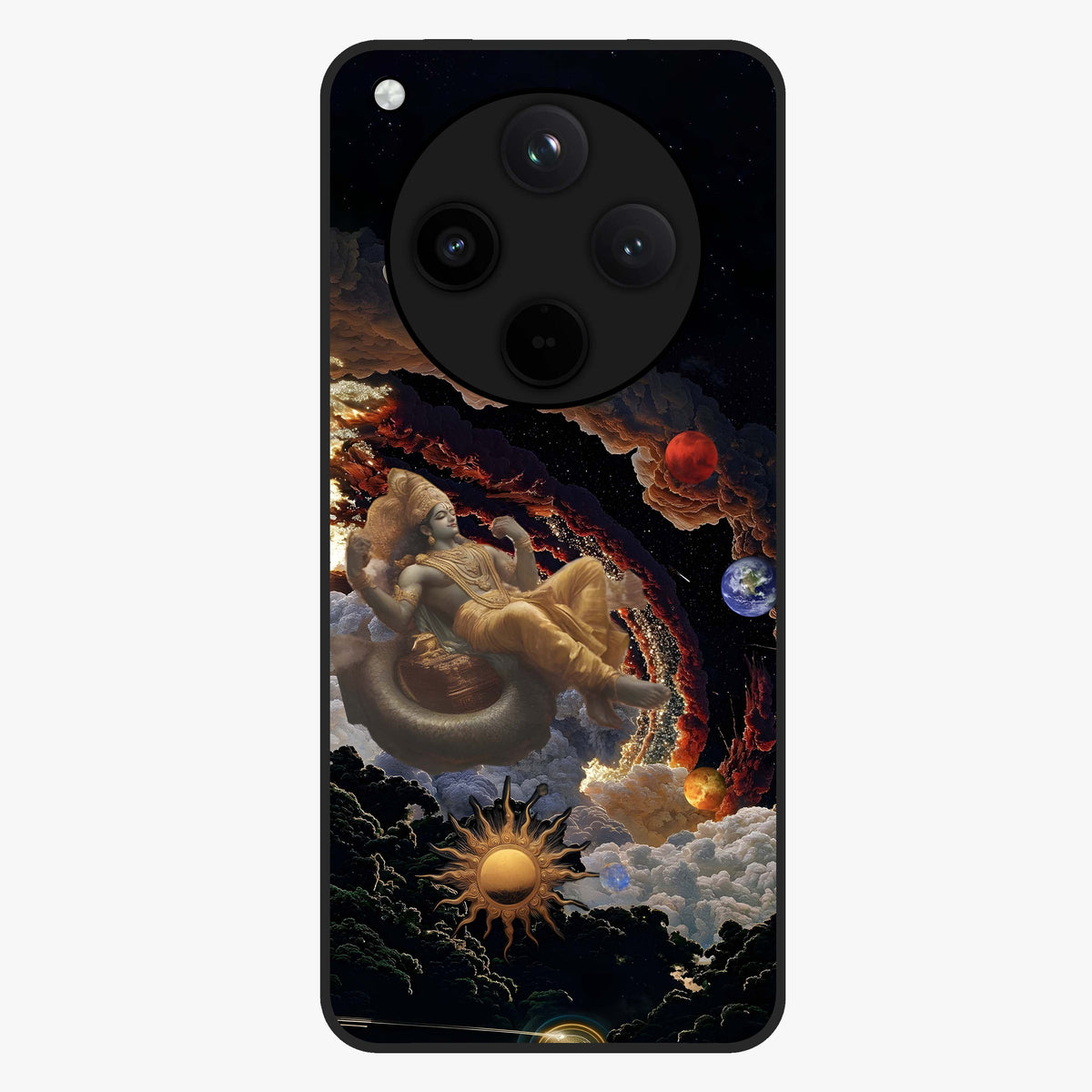 Galactic Divine God Glass Case showing flat back view with divine cosmic themed artwork and glossy glass finish.