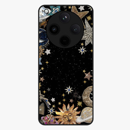 Galactic Jewel Stars Glass Case showing flat back view with sparkling star jewel artwork and glossy glass finish.