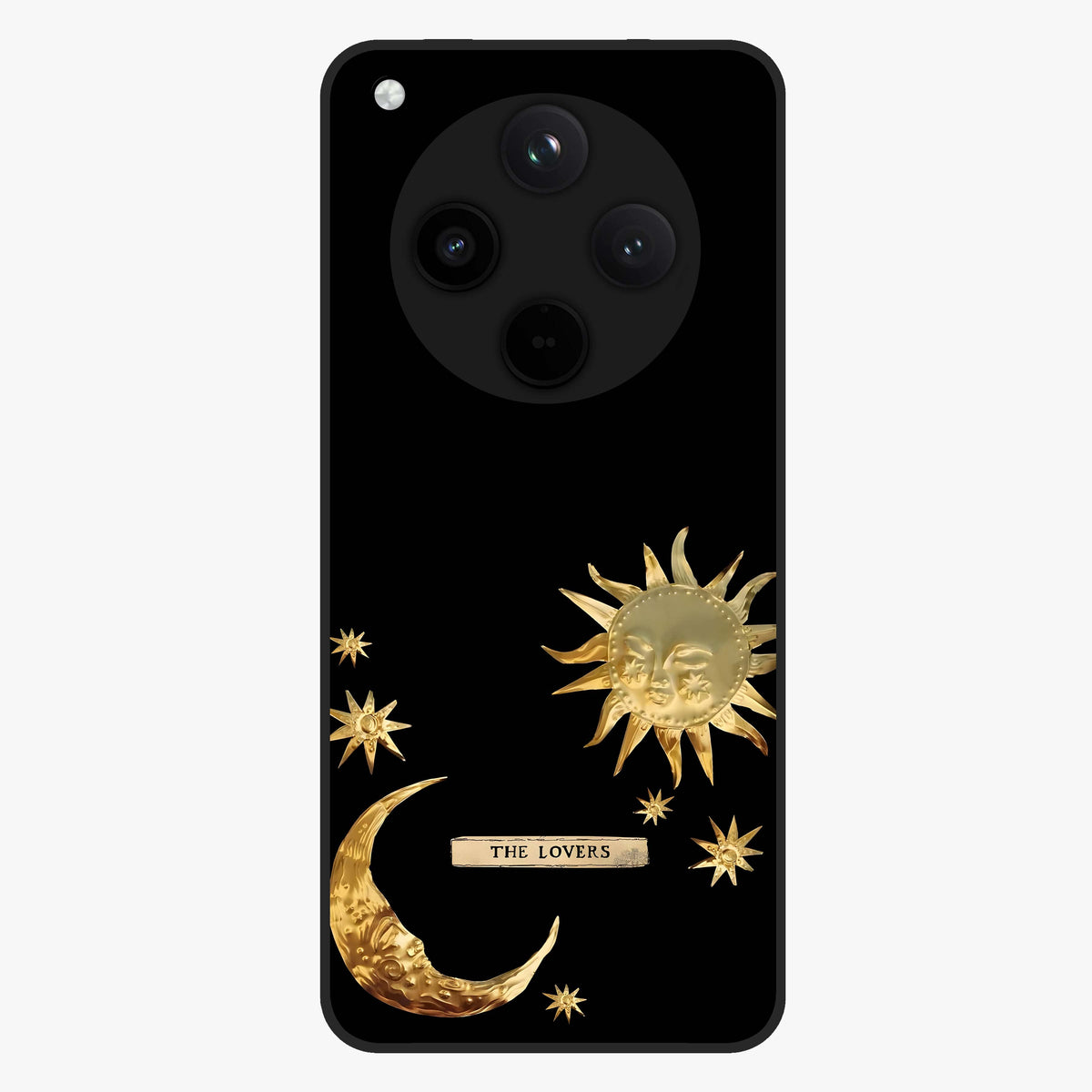 Golden Celestial Charm Glass Case showing flat back view with golden celestial charm artwork and glossy glass finish.