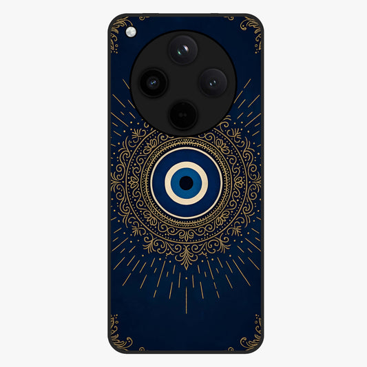 Golden Evil Eye Mandala Glass Case showing flat back view with intricate evil eye mandala artwork and glossy glass finish.