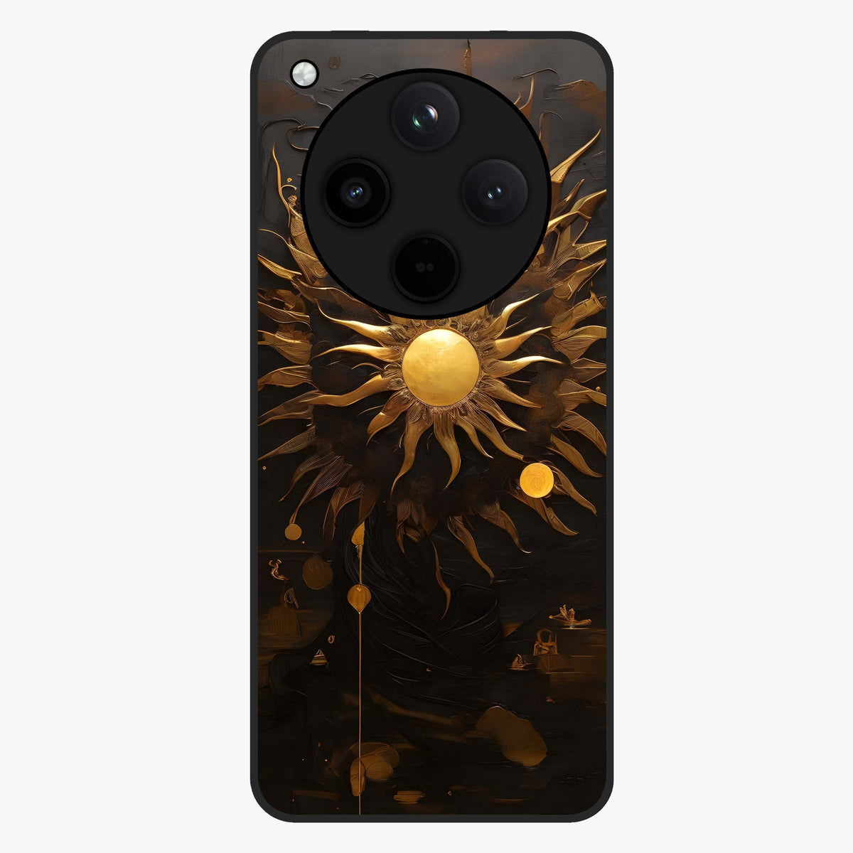 Golden Sun Majesty Glass Case showing flat back view with radiant golden sun artwork and glossy glass finish.