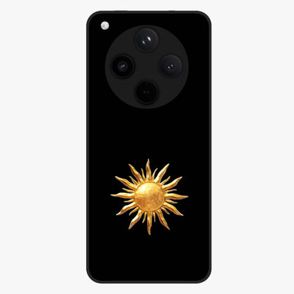 Golden Sun Minimalism Glass Case showing flat back view with minimal golden sun artwork and glossy glass finish.