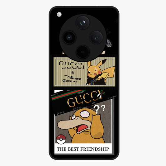 Gucci Play Mashup Glass Case showing flat back view with luxury inspired graphic artwork and glossy glass finish.