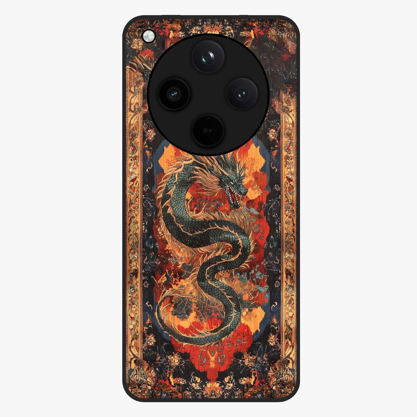 Inferno Dragon Soul Glass Case showing flat back view with fiery dragon artwork and glossy glass finish.