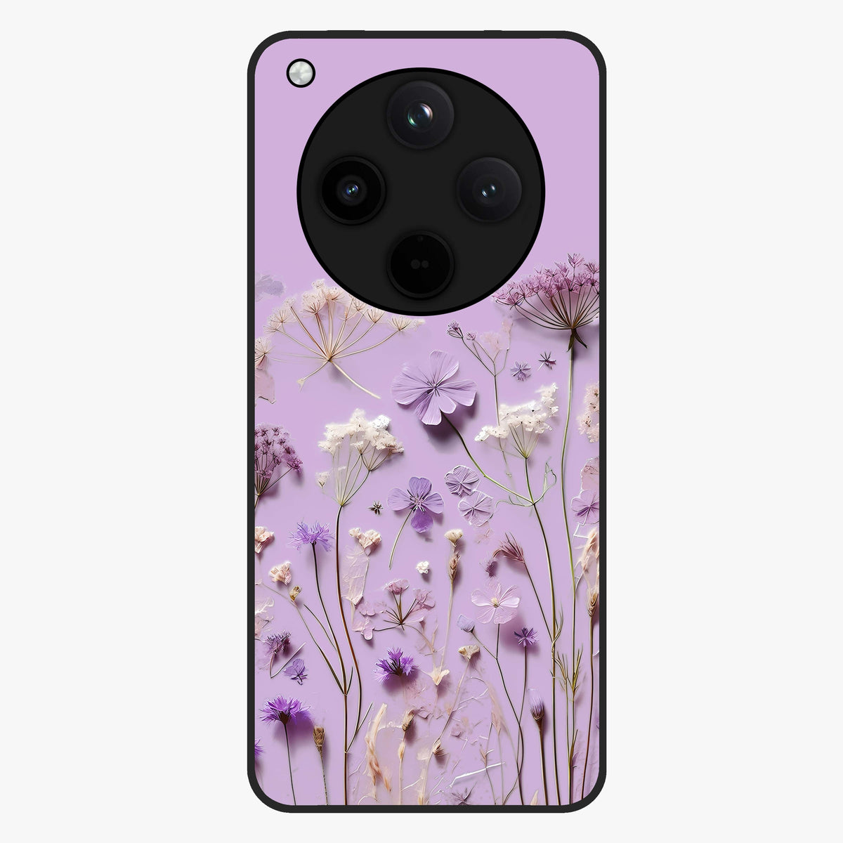 Lavender Blossom Dream Glass Case showing flat back view with soft lavender floral artwork and glossy glass finish.