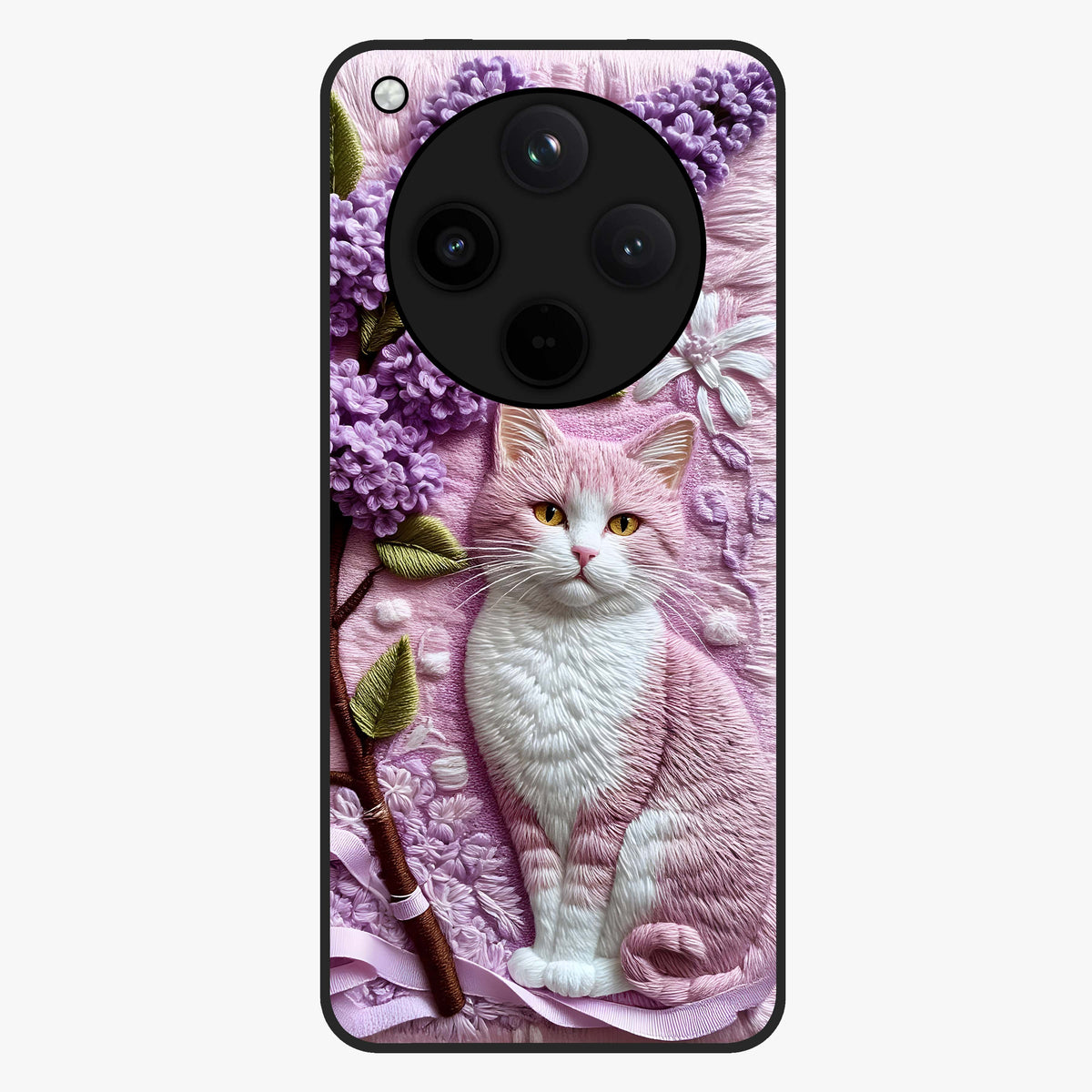 Lavender Cat Whimsy Glass Case showing flat back view with cute lavender cat artwork and glossy glass finish.