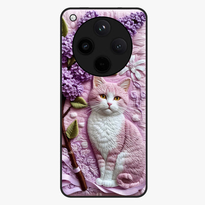 Lavender Cat Whimsy Glass Case showing flat back view with cute lavender cat artwork and glossy glass finish.