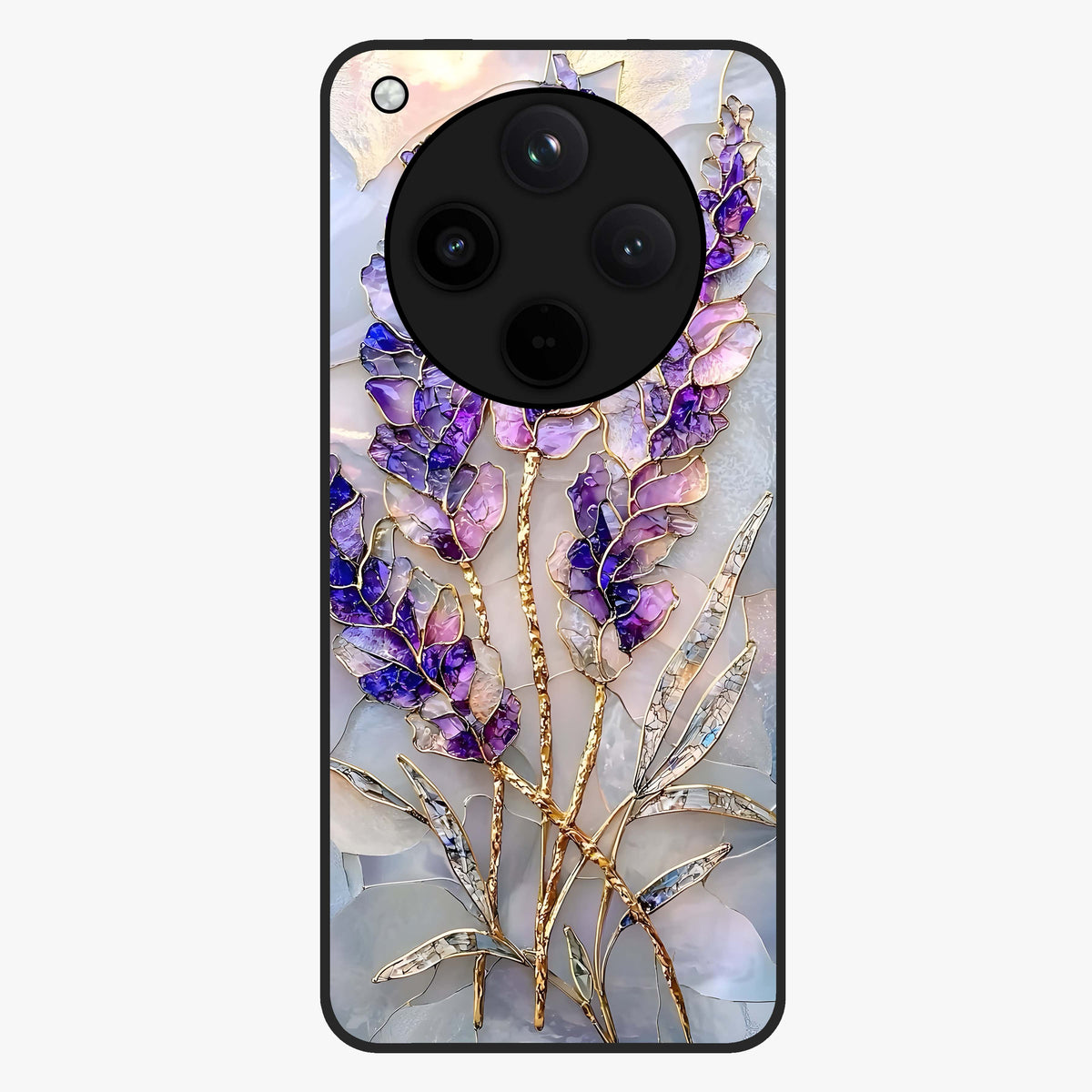 Lavender Dream Glow Glass Case showing flat back view with glowing lavender aesthetic artwork and glossy glass finish.