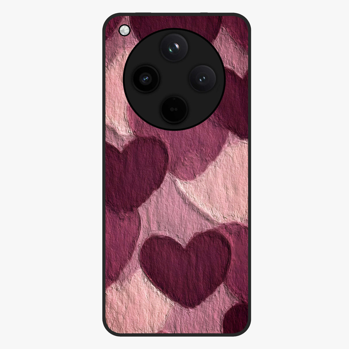 Layered Paper Hearts Glass Case showing flat back view with layered paper heart artwork and glossy glass finish.