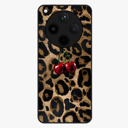 Leopard Wild Cherry Glass Case showing flat back view with leopard pattern and cherry artwork and glossy glass finish.