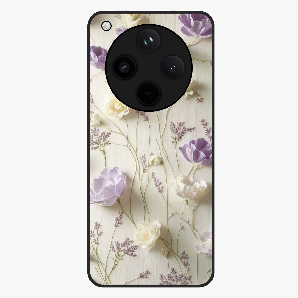 Lilac Breeze Harmony Glass Case showing flat back view with soft lilac themed artwork and glossy glass finish.