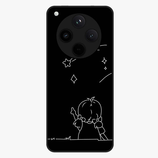 Line Art Girl With Shooting Stars Glass Case showing flat back view with minimal line art girl and shooting stars illustration and glossy glass finish.