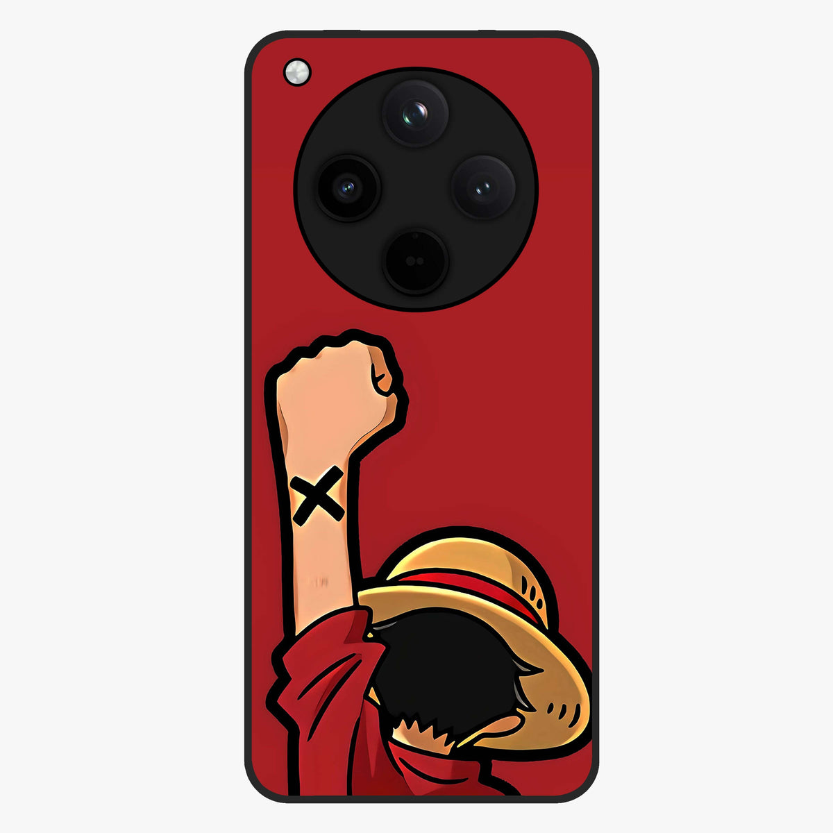 Luffy X Spirit Glass Case showing flat back view with bold anime character artwork and glossy glass finish.