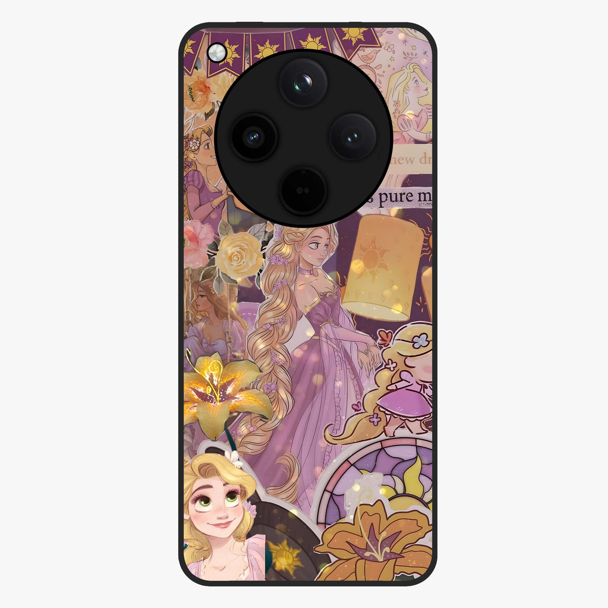 Magical Tangled Dream Glass Case showing flat back view with dreamy tangled artwork and glossy glass finish.