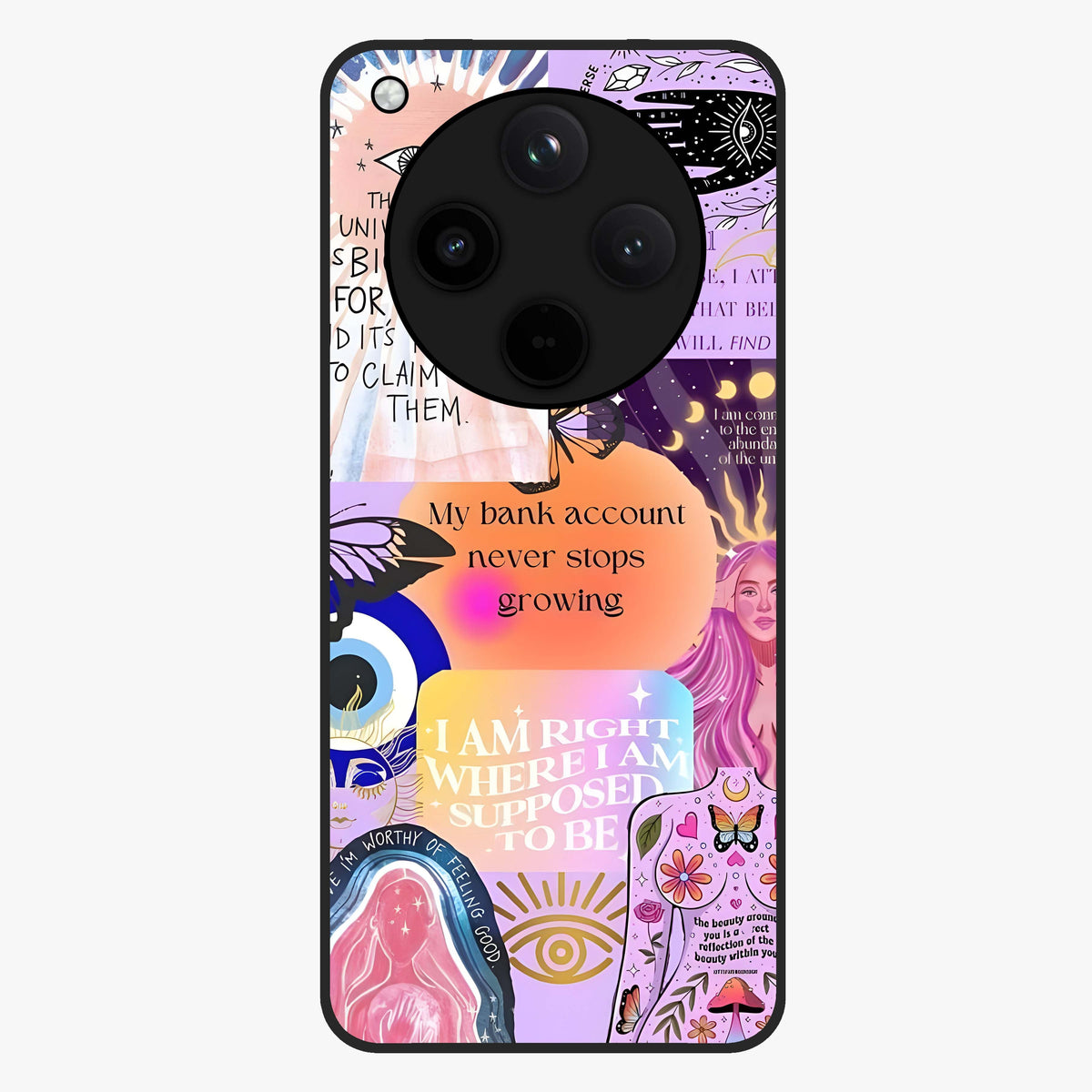 Manifestation Collage Glass Case showing flat back view with motivational collage artwork and glossy glass finish.