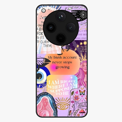 Manifestation Collage Glass Case showing flat back view with motivational collage artwork and glossy glass finish.