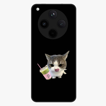 Matcha Cat Style Glass Case showing flat back view with cute matcha themed cat artwork and glossy glass finish.
