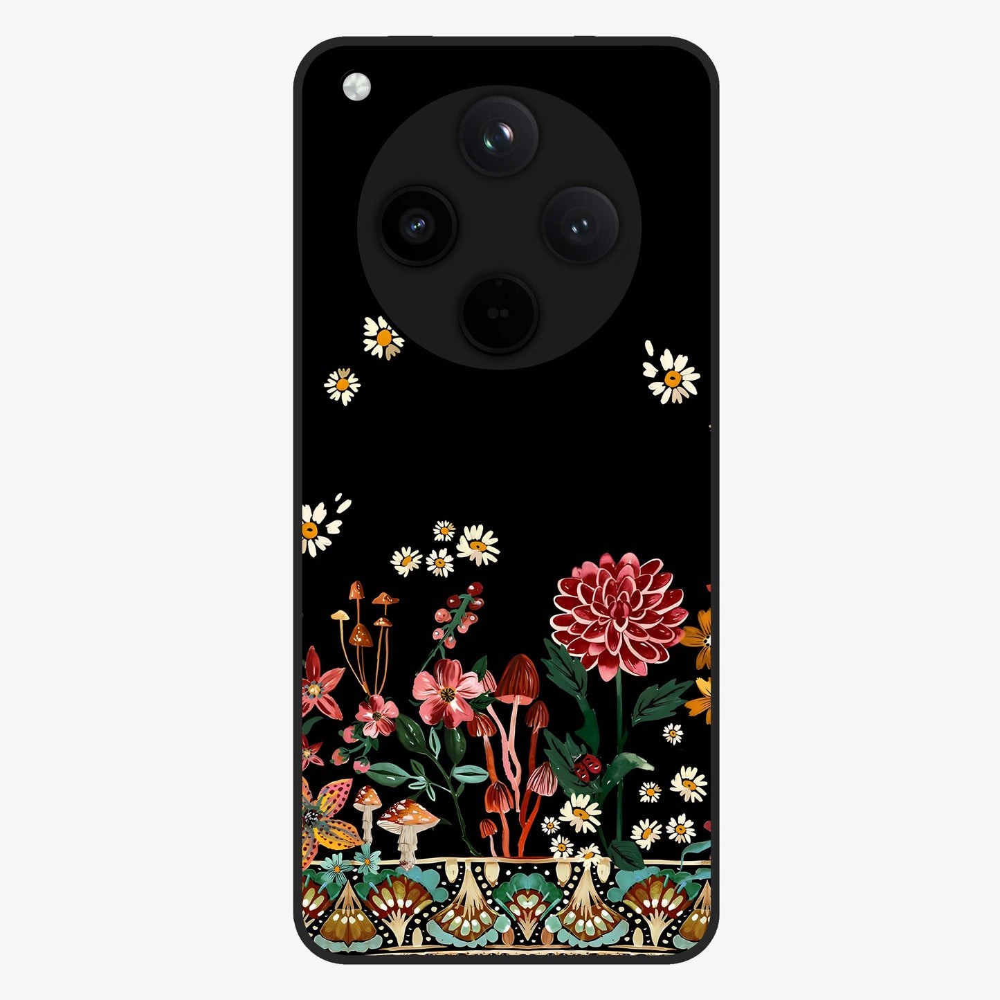 Midnight Bloom Pattern Glass Case showing flat back view with dark floral pattern artwork and glossy glass finish.