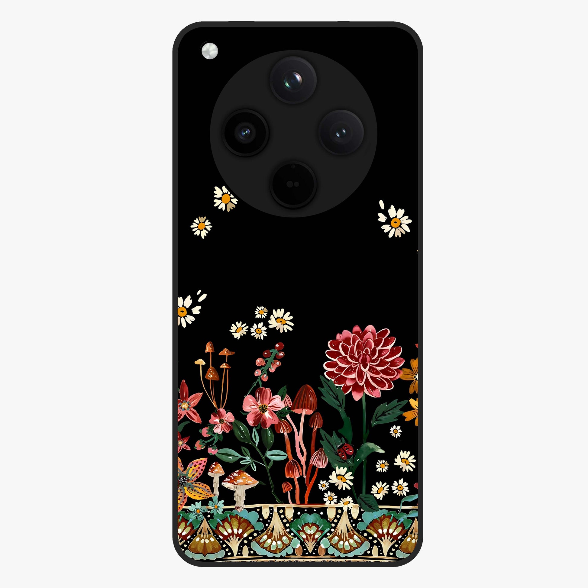 Midnight Bloom Pattern Glass Case showing flat back view with dark floral pattern artwork and glossy glass finish.