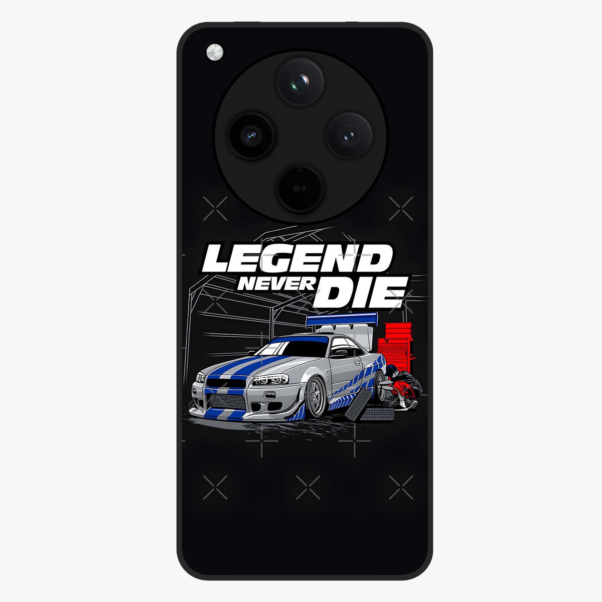 Midnight Racing Legacy Glass Case showing flat back view with sleek racing inspired artwork and glossy glass finish.