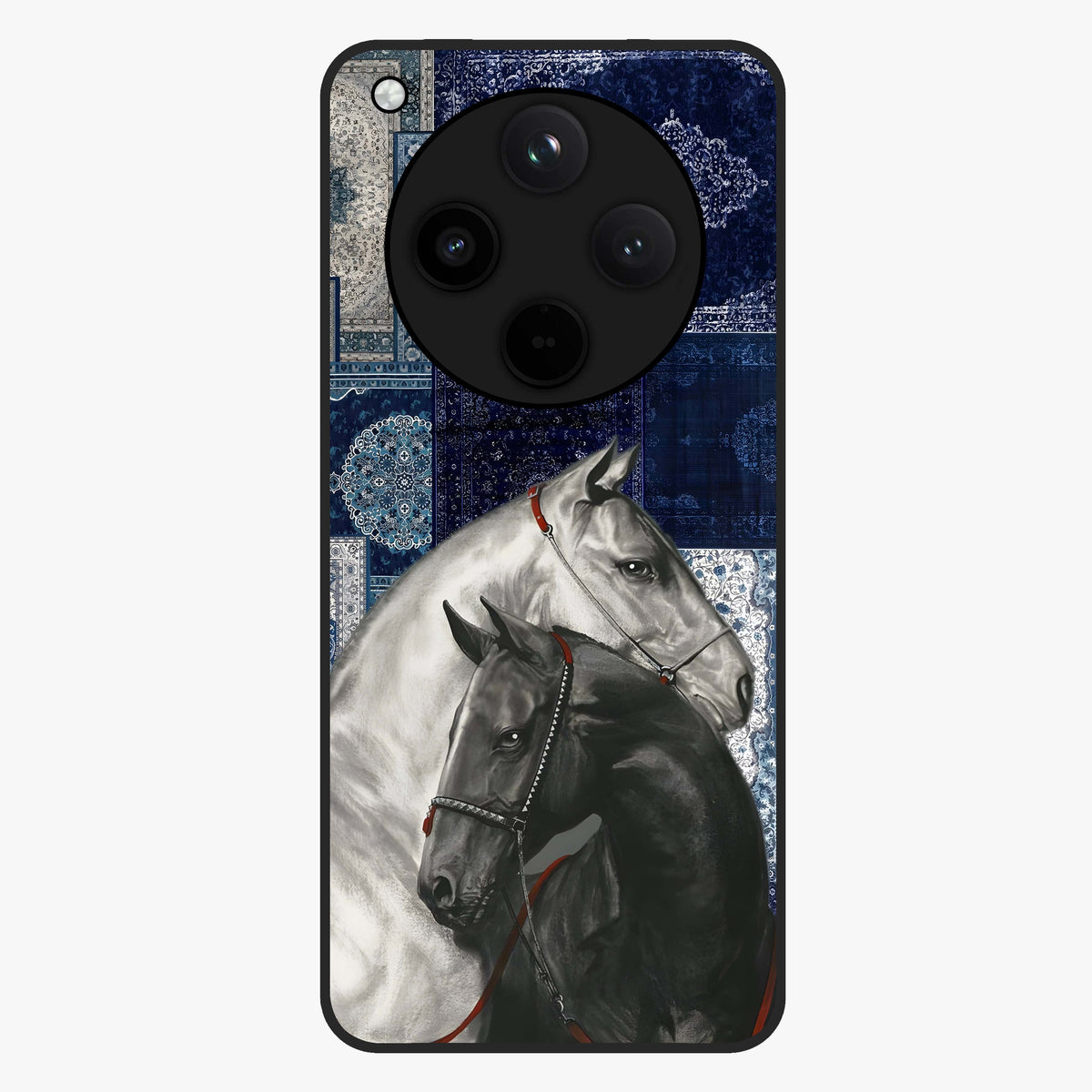 Midnight Stallion Blues Glass Case showing flat back view with majestic horse artwork and glossy glass finish.