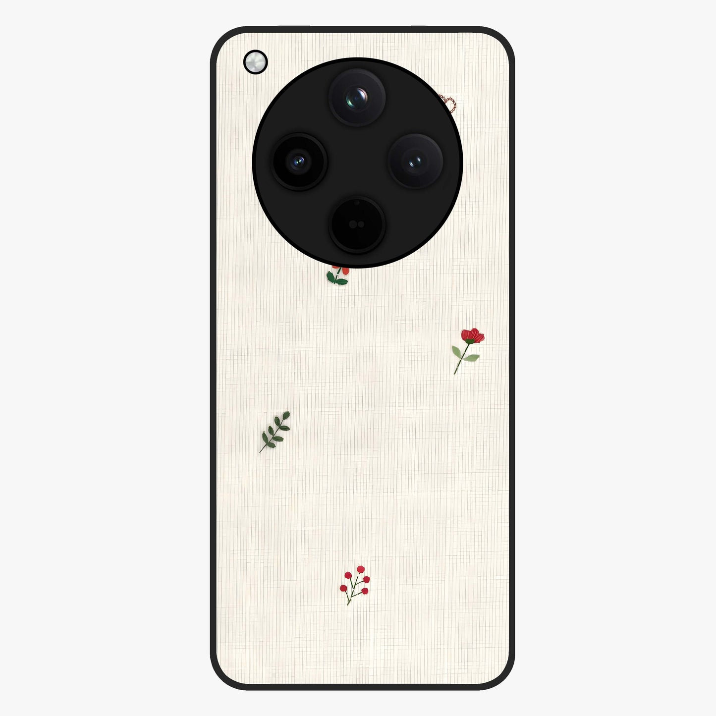 Minimal Petal Whispers Glass Case showing flat back view with soft minimal floral artwork and glossy glass finish.