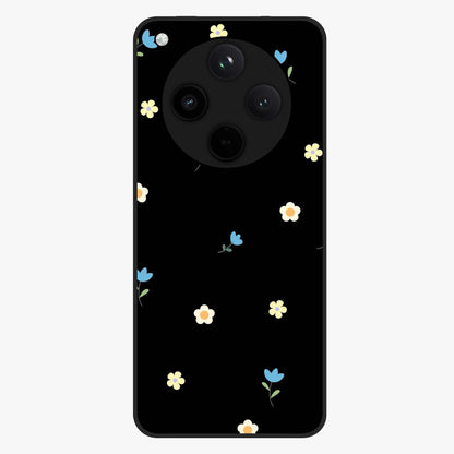 Minimalistic Blue With White Flower Pattern Glass Case showing flat back view with blue background and white flower pattern and glossy glass finish.