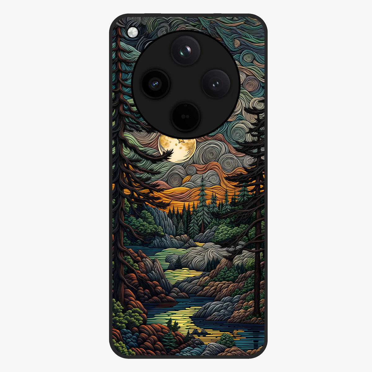 Moonlight Forest Dream Glass Case showing flat back view with mystical forest moonlight artwork and glossy glass finish.