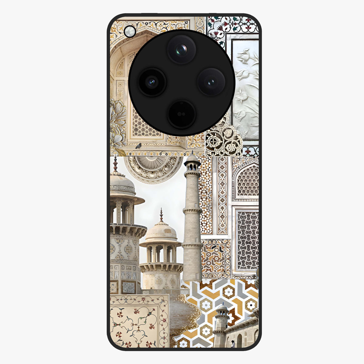 Mughal Marble Legacy Glass Case showing flat back view with intricate Mughal inspired marble pattern and glossy glass finish.