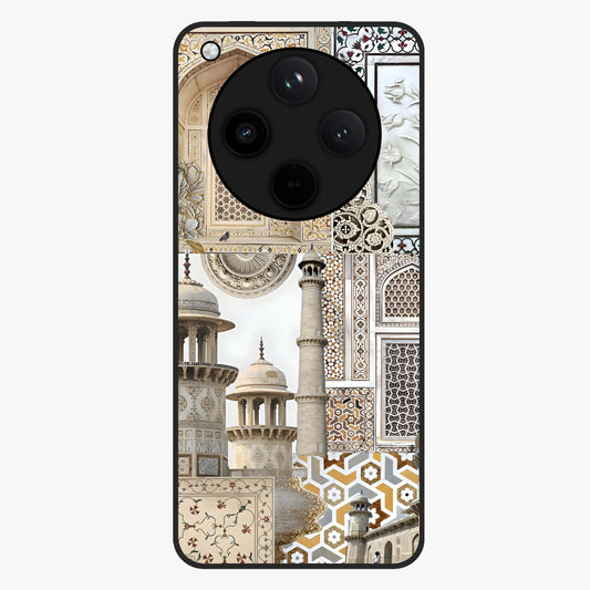 Mughal Marble Legacy Glass Case showing flat back view with intricate Mughal inspired marble pattern and glossy glass finish.