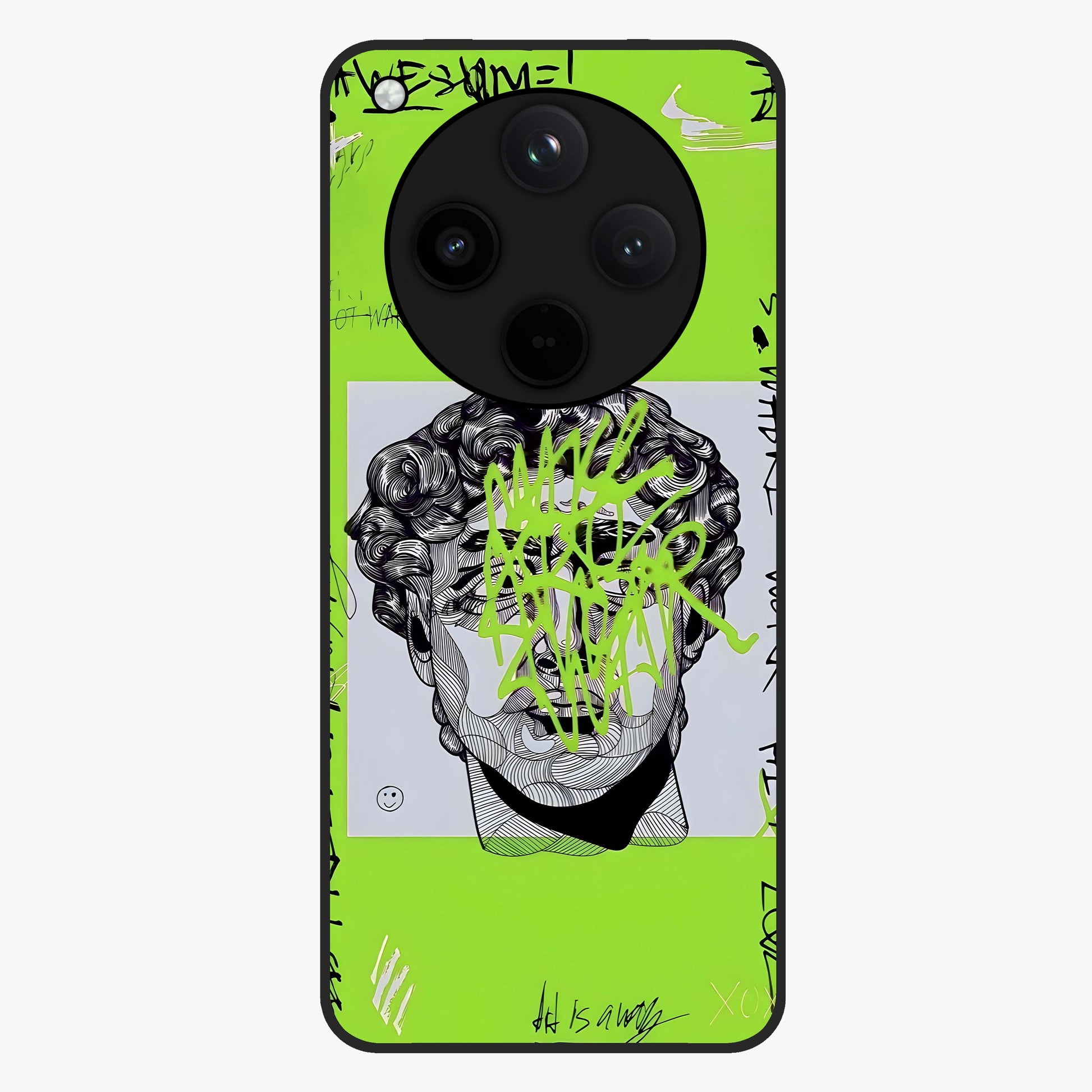 Neo Graffiti Rebellion Glass Case showing flat back view with vibrant graffiti artwork and glossy glass finish.