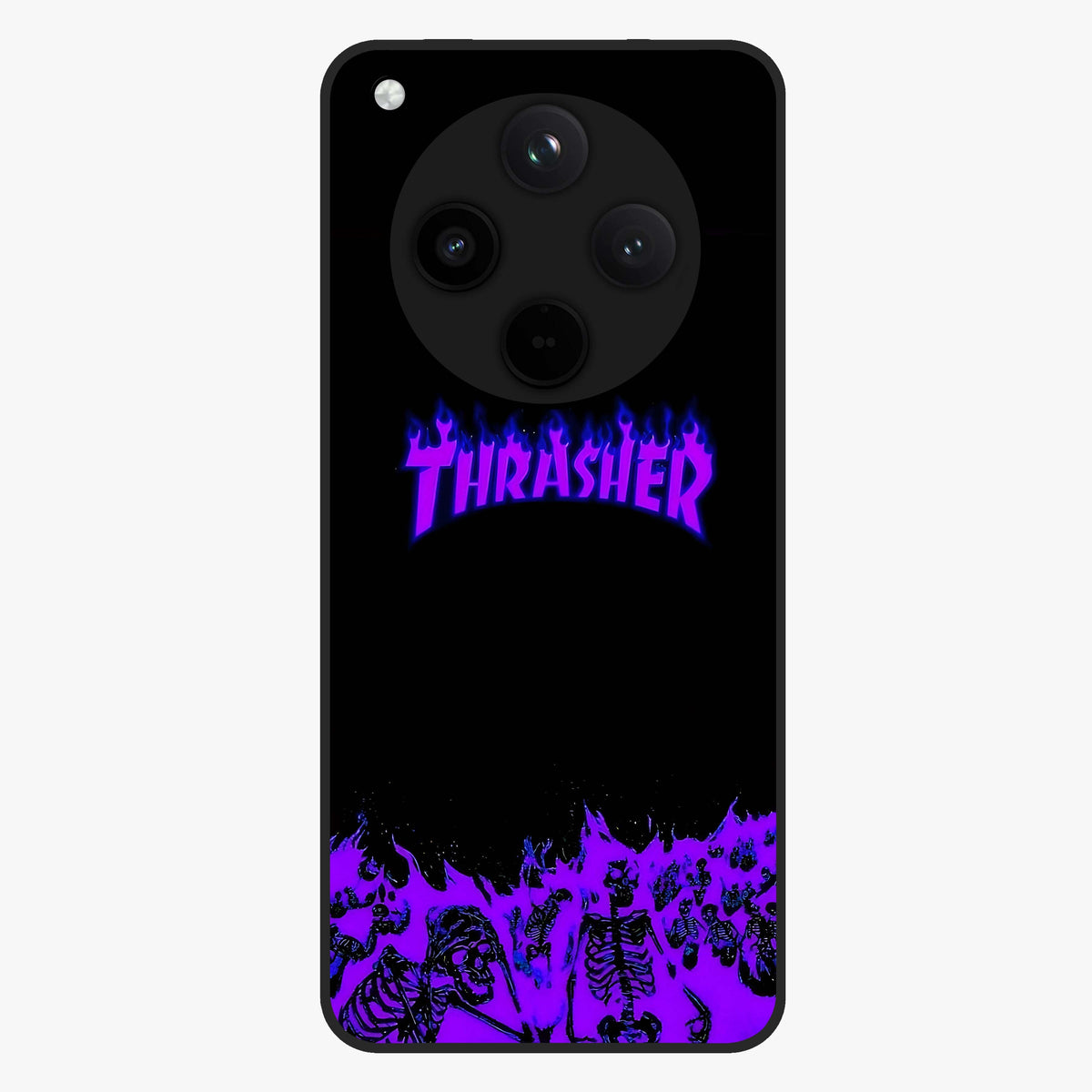 Neon Flame Riot Glass Case showing flat back view with neon flame artwork and glossy glass finish.
