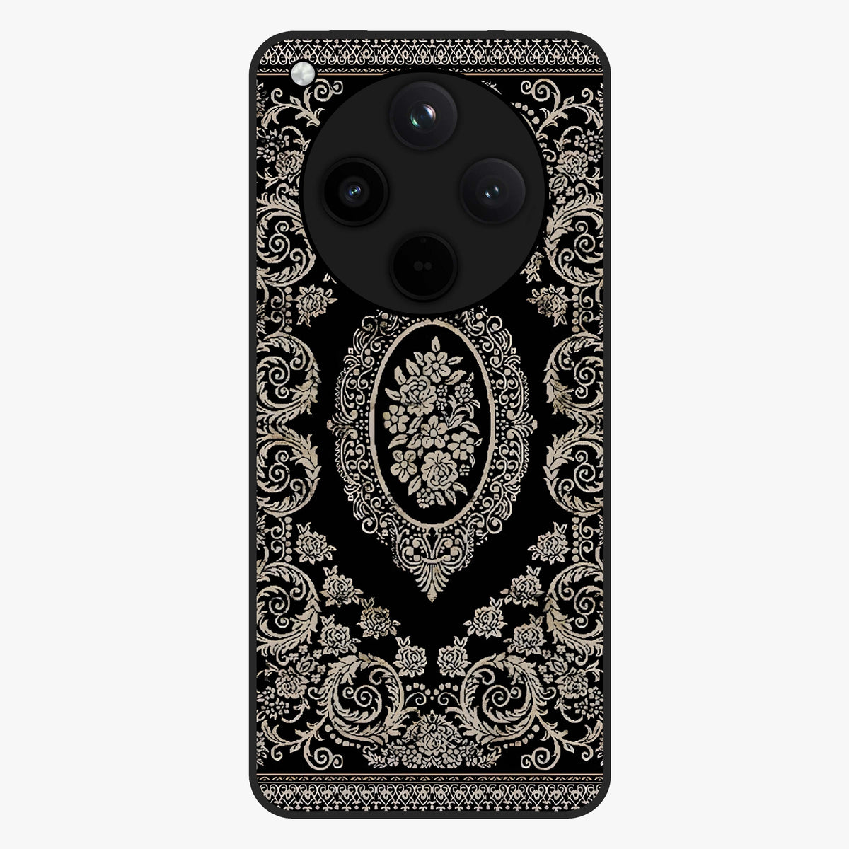 Noir Bloom Elegance Glass Case showing flat back view with elegant dark floral artwork and glossy glass finish.