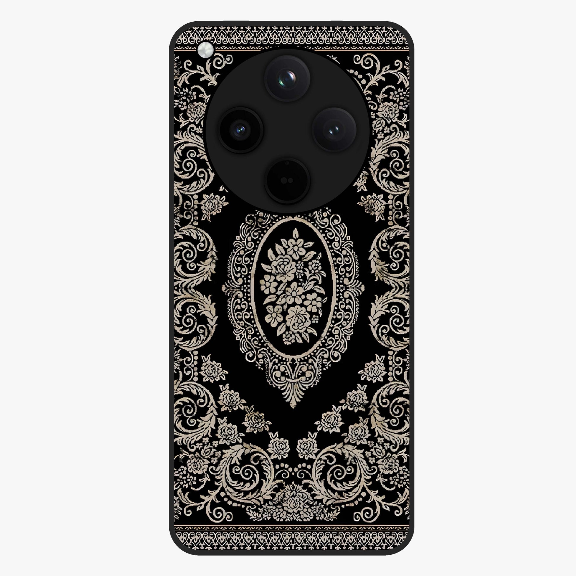 Noir Bloom Elegance Glass Case showing flat back view with elegant dark floral artwork and glossy glass finish.