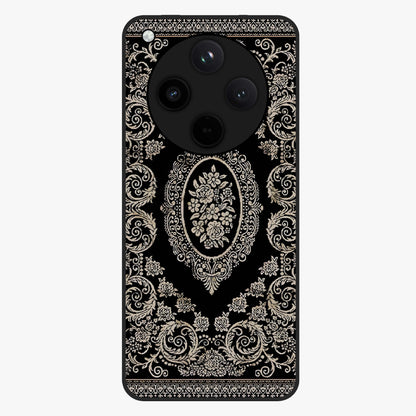 Noir Bloom Elegance Glass Case showing flat back view with elegant dark floral artwork and glossy glass finish.