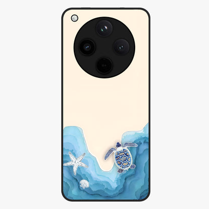 Ocean Drift Turtle Glass Case showing flat back view with sea turtle artwork and glossy glass finish.