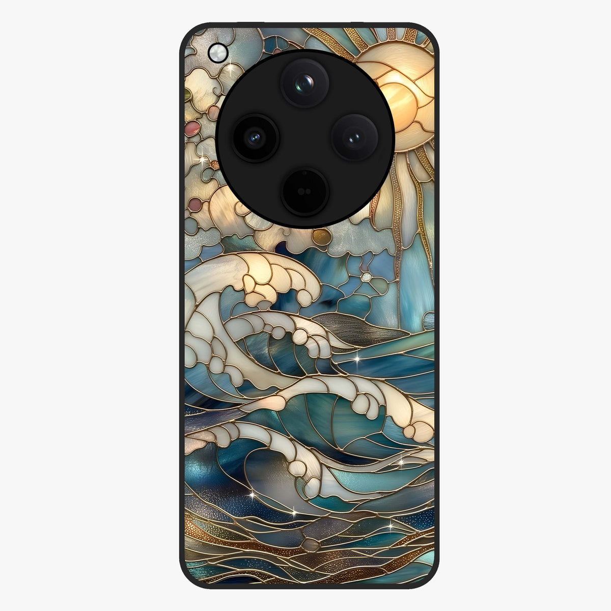 Oceanic Stained Printed Glass Case showing flat back view with ocean inspired stained pattern artwork and glossy glass finish.