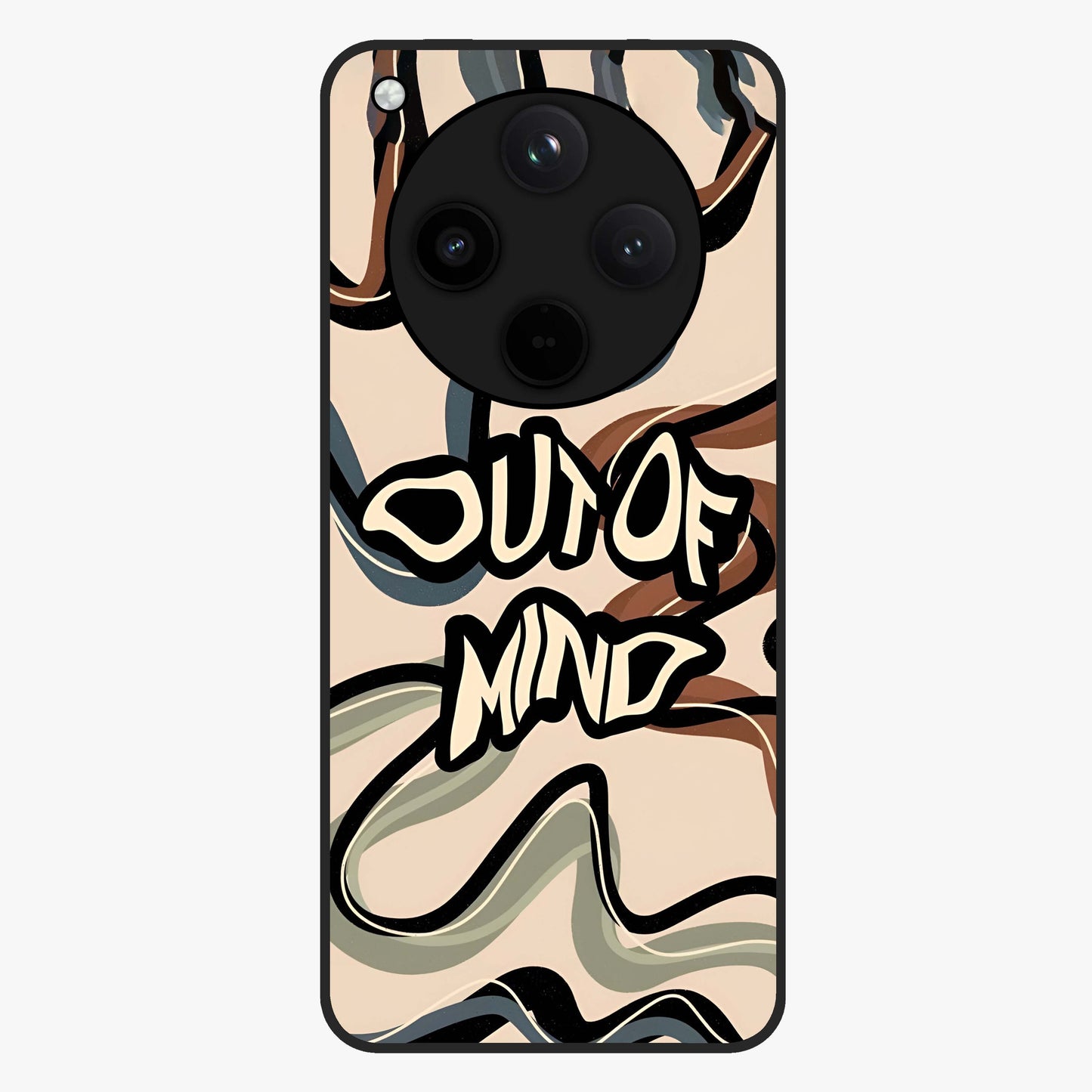 Out Of Mind Glass Case showing flat back view with expressive typography artwork and glossy glass finish.
