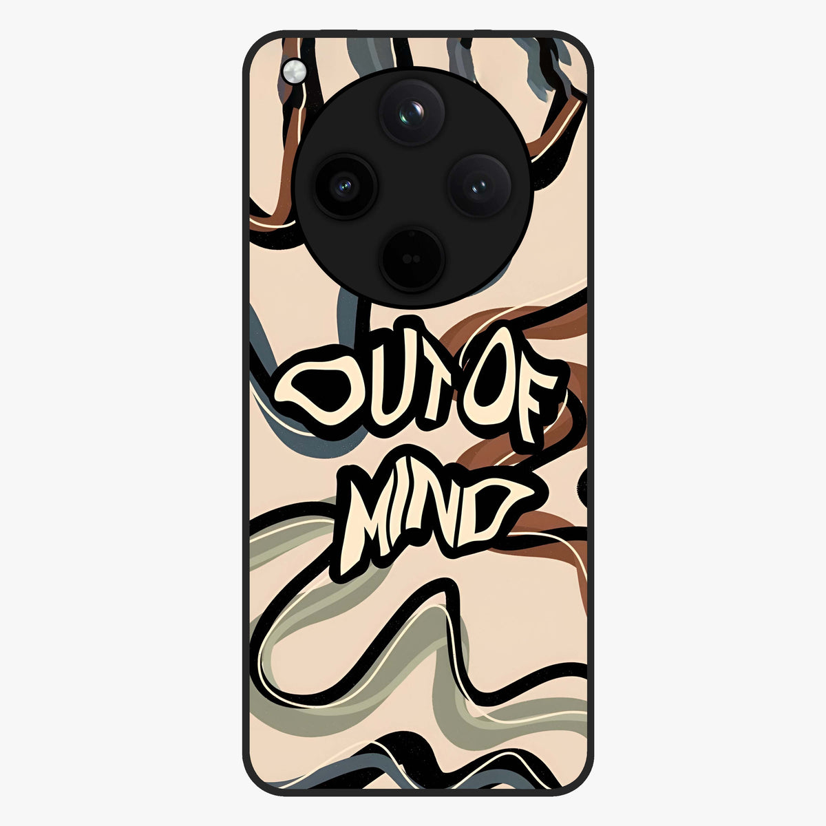 Out Of Mind Glass Case showing flat back view with expressive typography artwork and glossy glass finish.