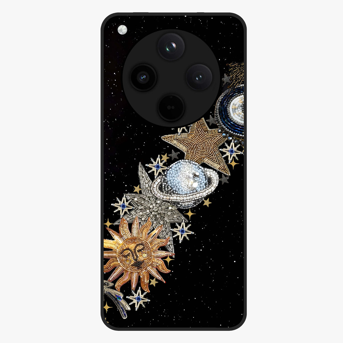 Pearls Universe Object Glass Case showing flat back view with pearl inspired cosmic artwork and glossy glass finish.