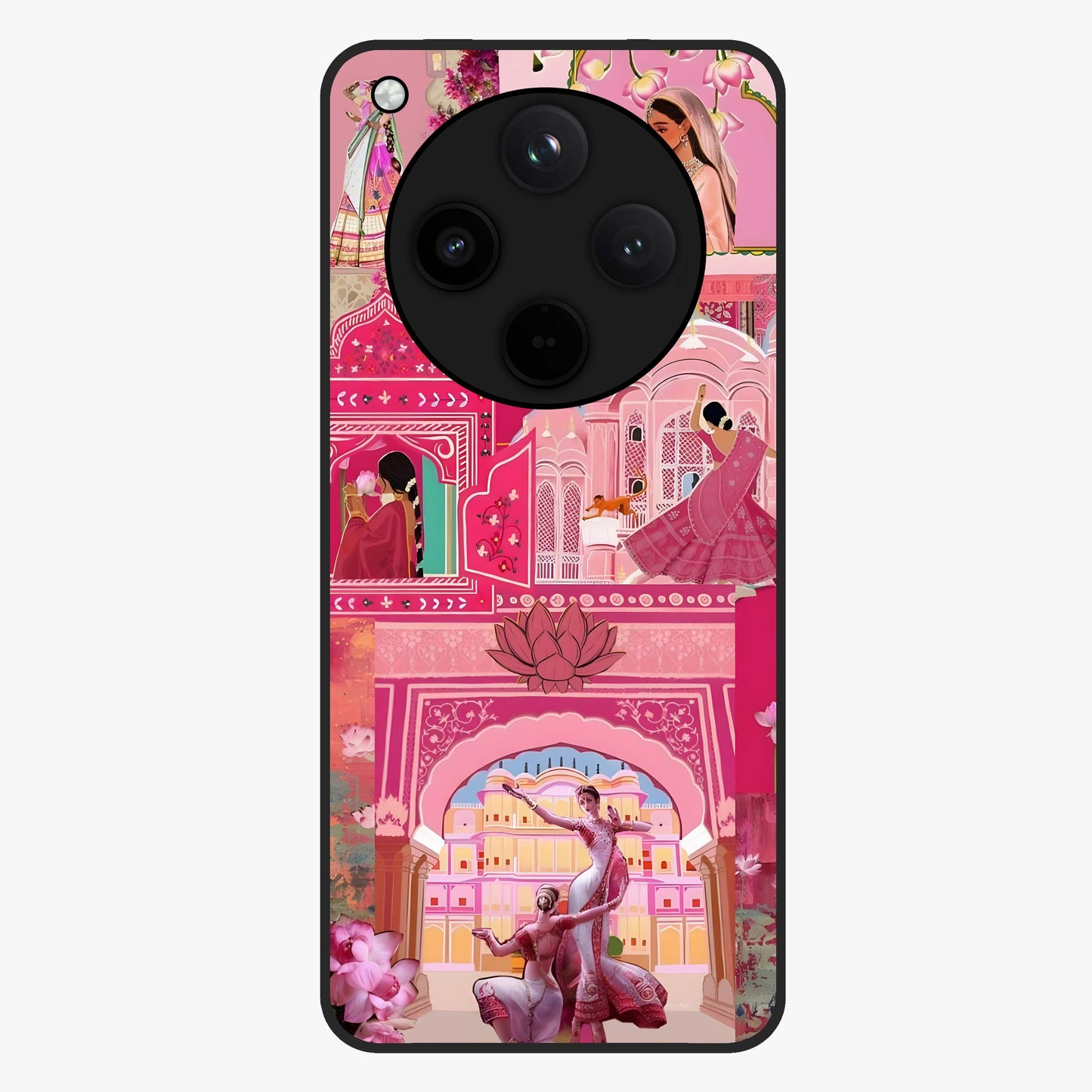Pink Palace Muse Glass Case showing flat back view with elegant palace inspired artwork and glossy glass finish.