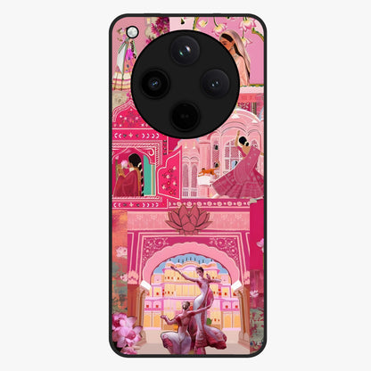 Pink Palace Muse Glass Case showing flat back view with elegant palace inspired artwork and glossy glass finish.