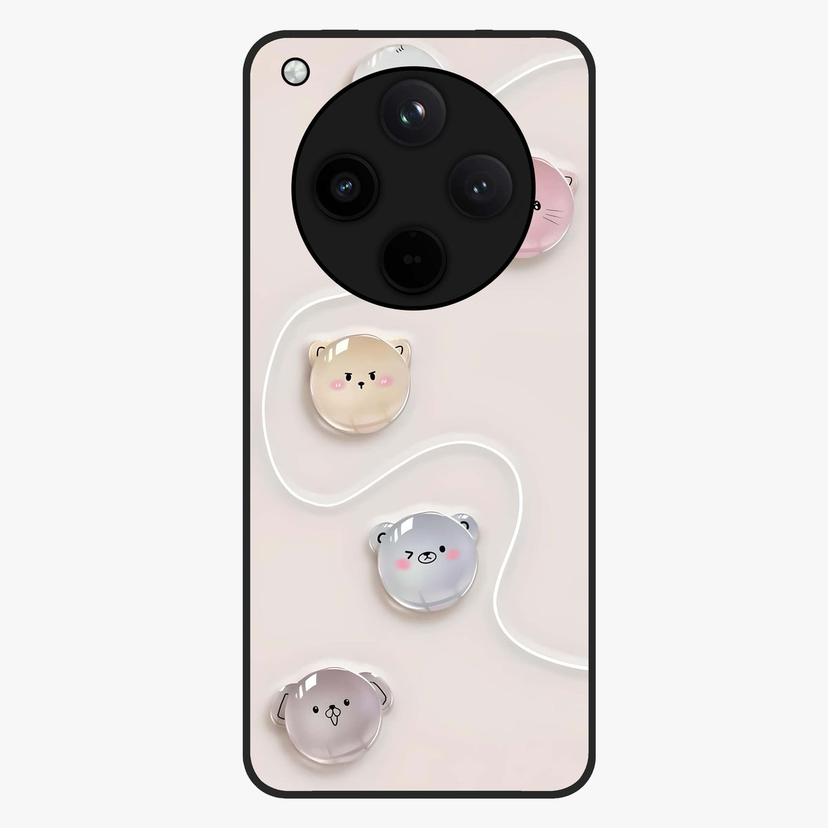 Puffy Face Parade Glass Case showing flat back view with cute puffy character faces artwork and glossy glass finish.