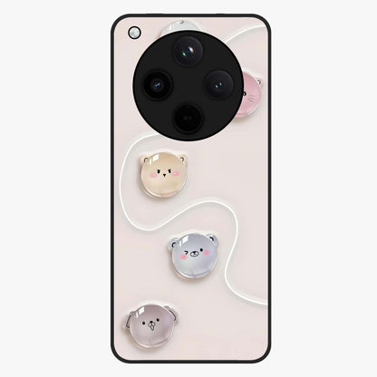 Puffy Face Parade Glass Case showing flat back view with cute puffy character faces artwork and glossy glass finish.
