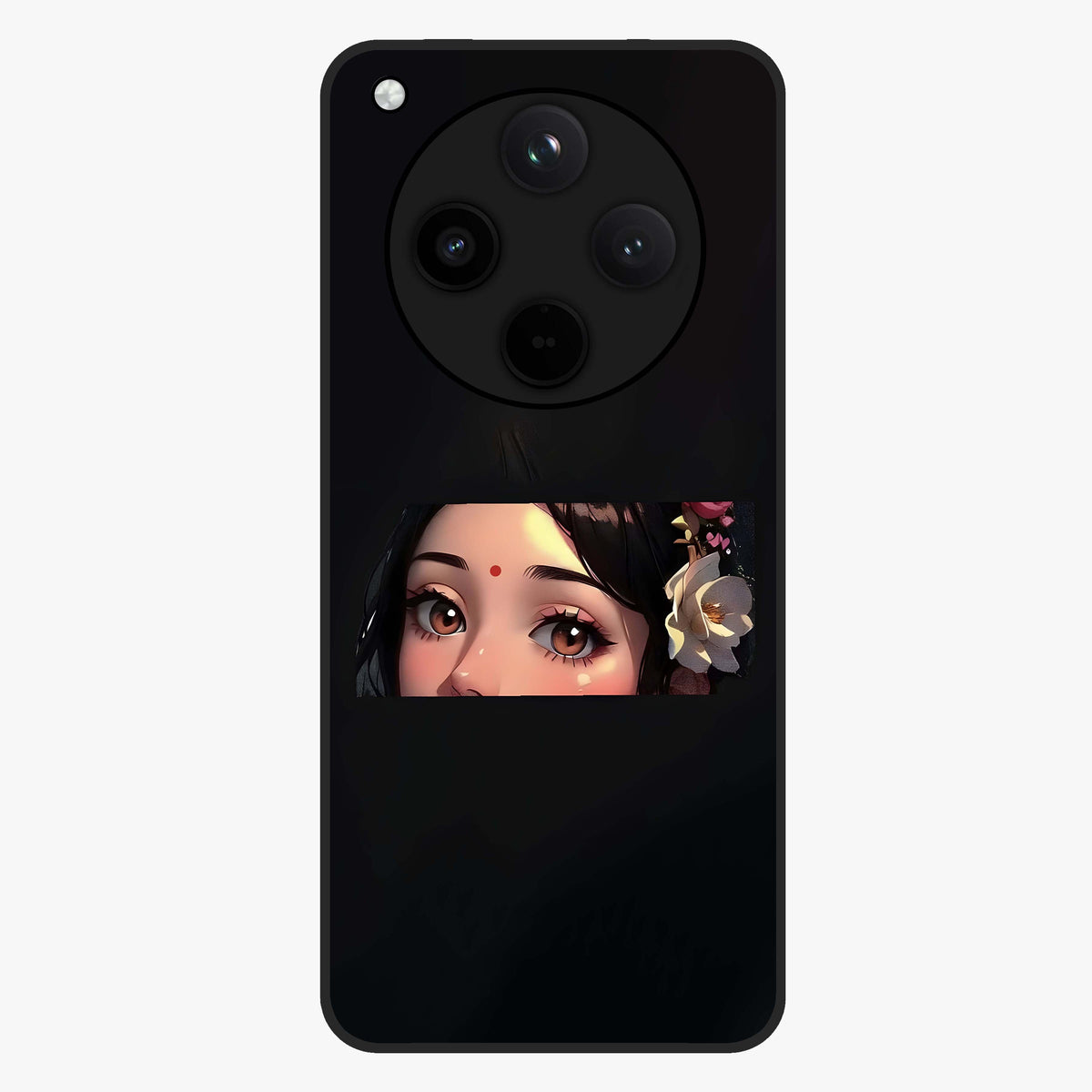 Radha Divine Embrace Glass Case showing flat back view with devotional Radha artwork and glossy glass finish.