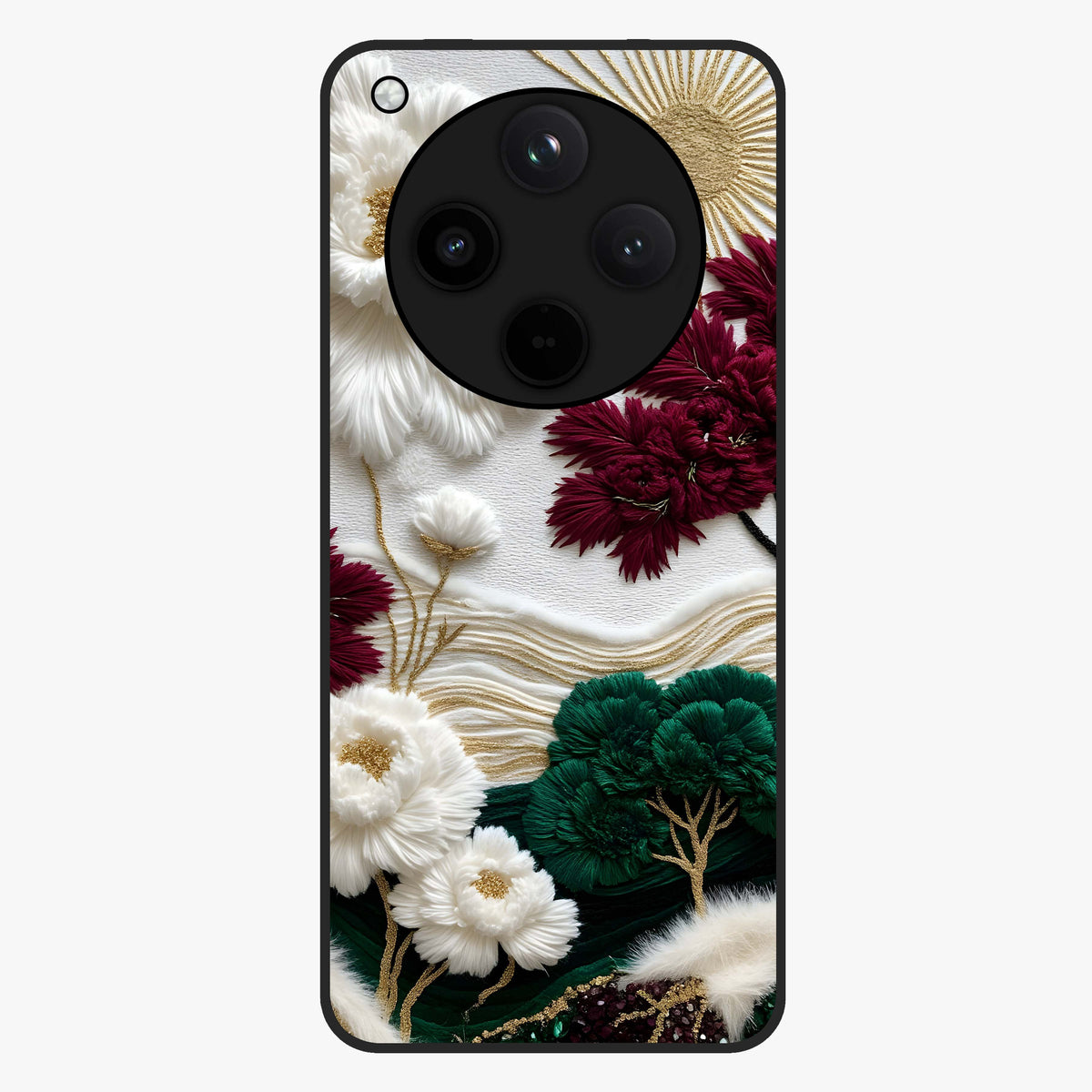 Radiant Bloom Elegance Glass Case showing flat back view with elegant blooming flower artwork and glossy glass finish.