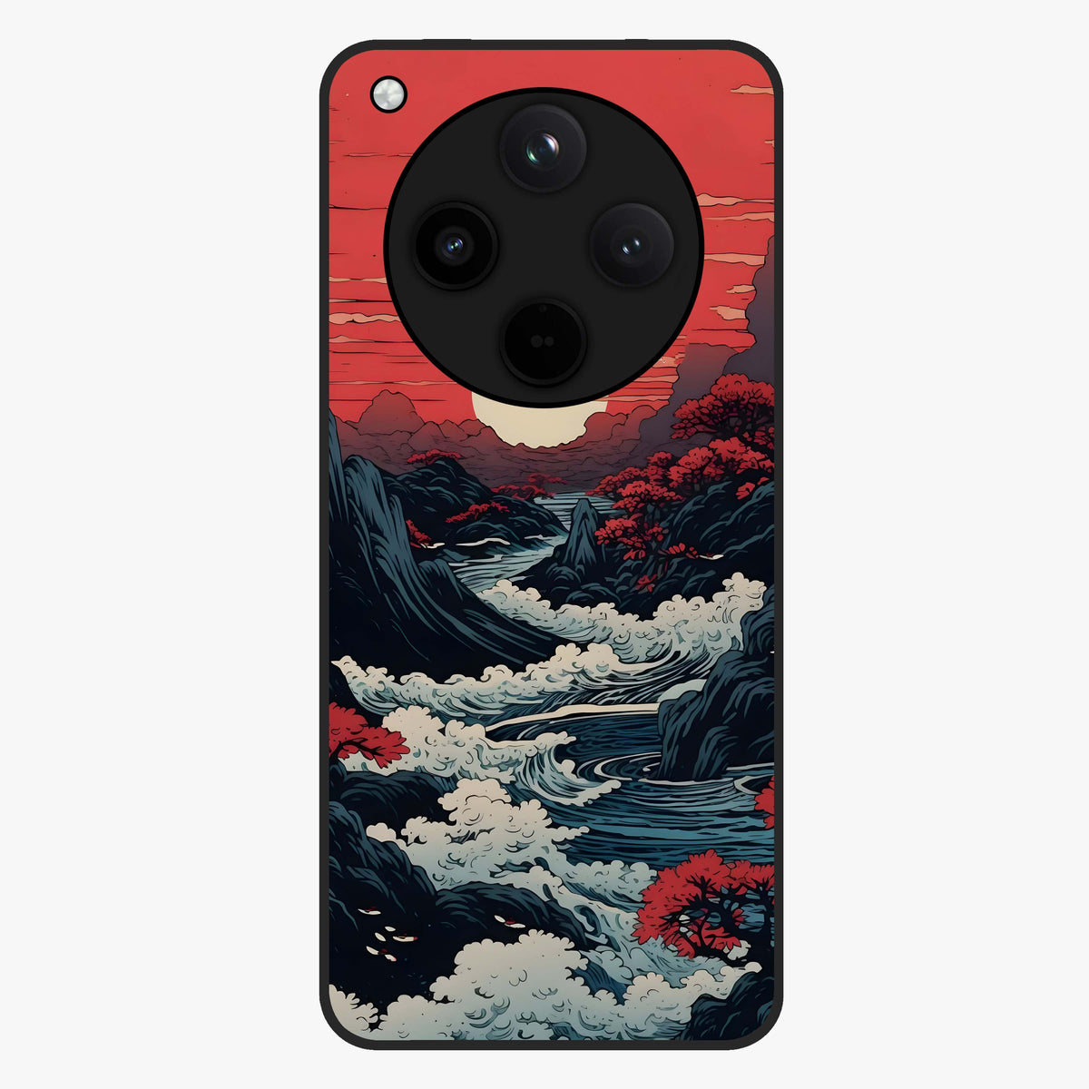 Red Sunset Scenery Glass Case showing flat back view with vibrant sunset landscape artwork and glossy glass finish.