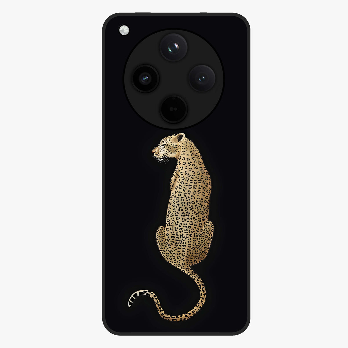 Regal Leopard Glass Case showing flat back view with bold leopard artwork and glossy glass finish.
