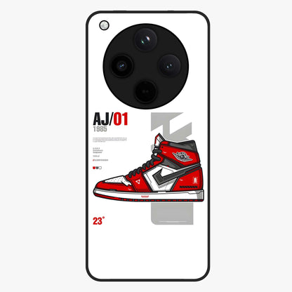 Retro Sneaker Blueprint Glass Case showing flat back view with sneaker blueprint style artwork and glossy glass finish.